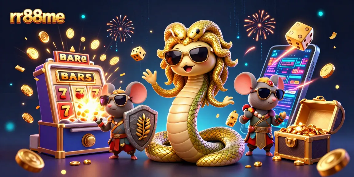 Play engaging games at rr88me, featuring Medusa and fantasy elements within a vibrant casino scene.
