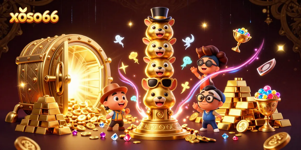 Engage in nostalgic lottery excitement with xoso66's vibrant gaming illustration featuring gold, gems, and unique totem characters.