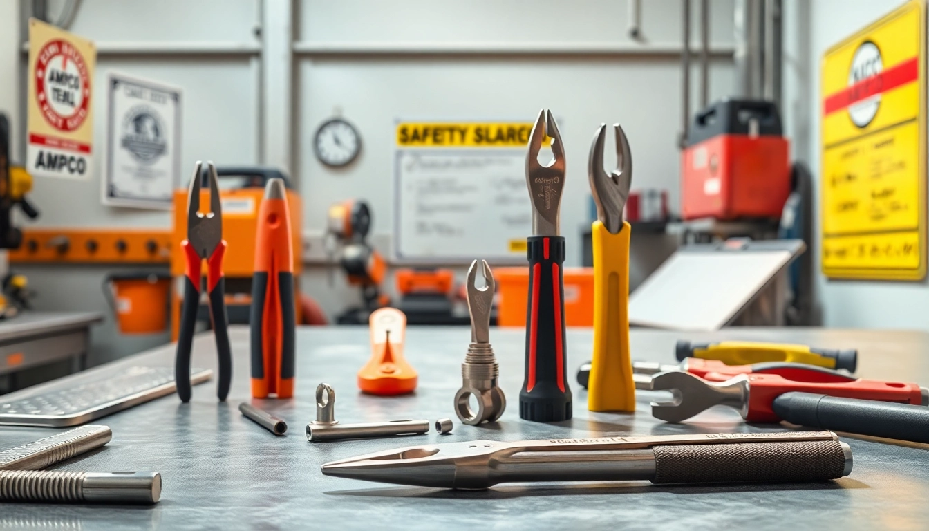 AMPCO safety tools displayed on a workbench, highlighting non-sparking features and premium materials.