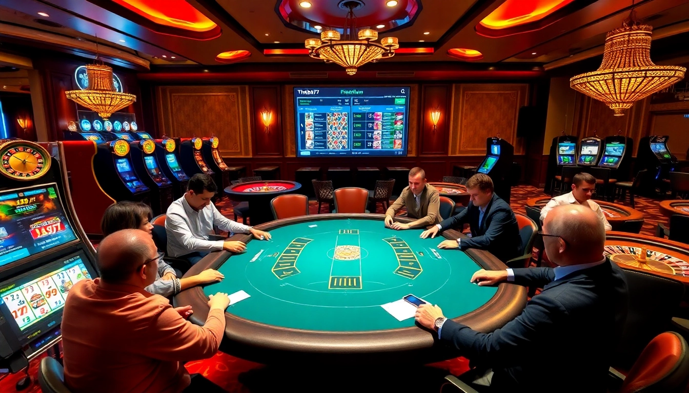 Experience intense poker at Thabet77 casino, surrounded by vibrant games and luxurious ambiance.