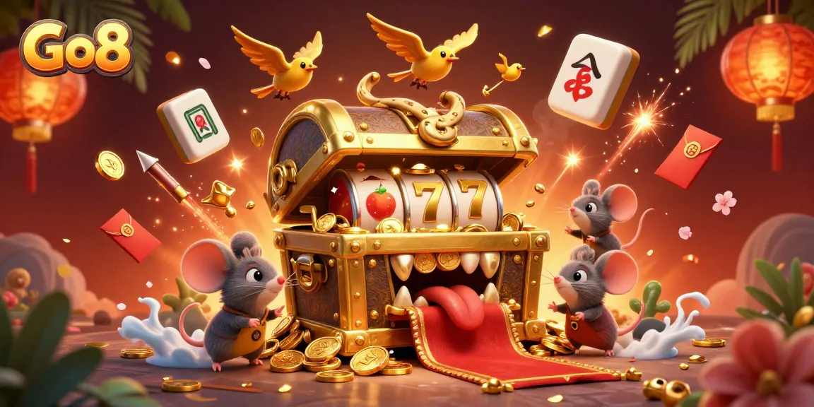 Experience exciting gameplay at Go8 with this lively casino-themed illustration of treasures and animated elements.