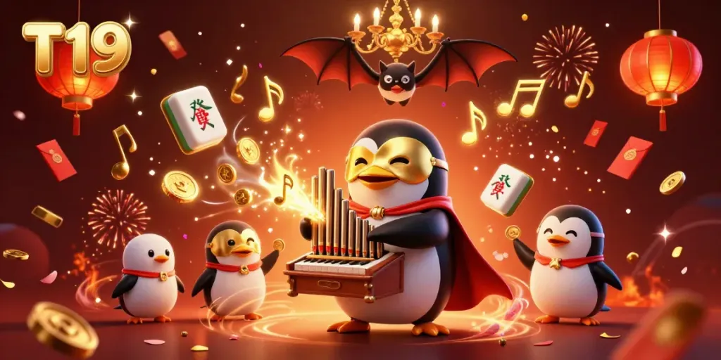 Experience the thrill of T19 with a penguin playing a golden organ amidst vibrant casino elements and fireworks.