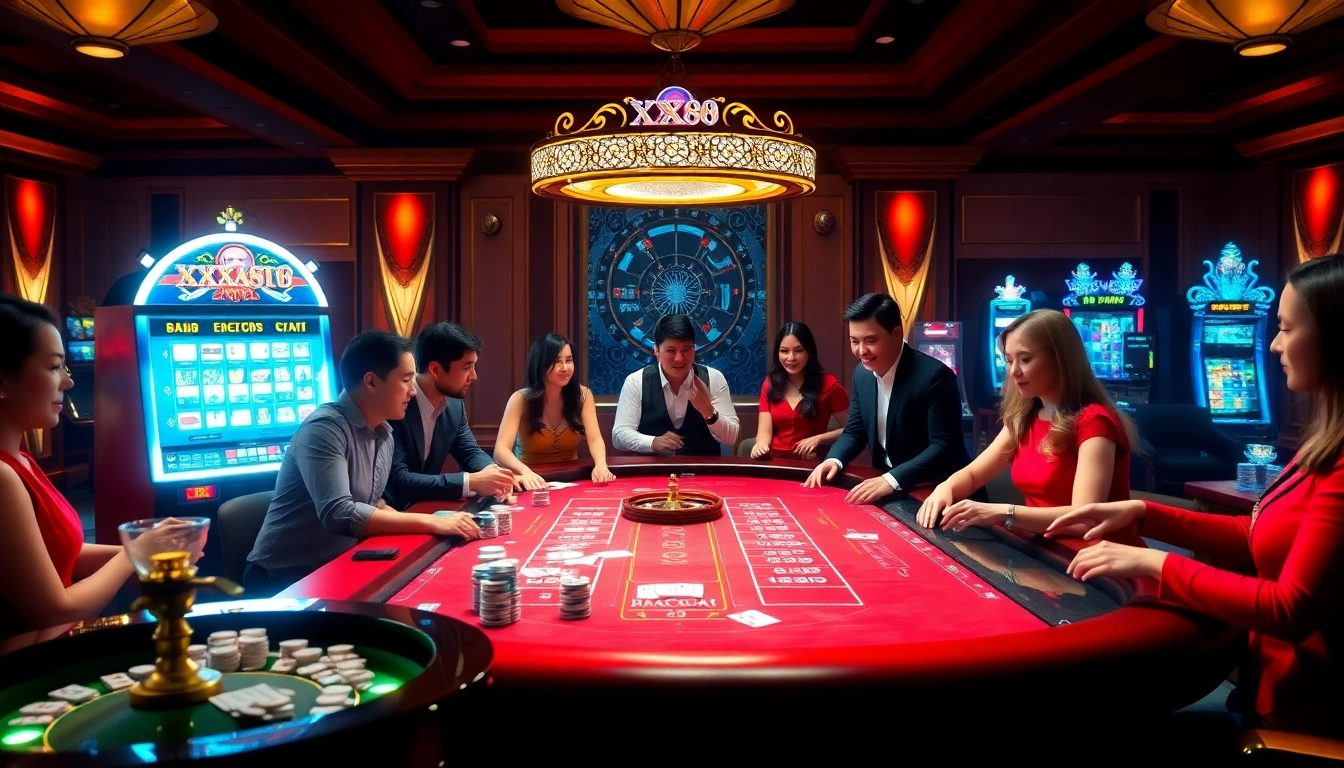 Engaging gambling scene at nhà cái XX88 with a vibrant gaming table and players.