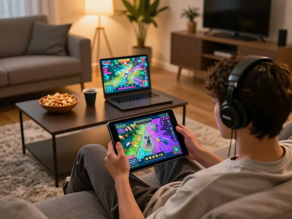 Person enjoying B52club games on a tablet in a cozy home setting with snacks and warm lighting