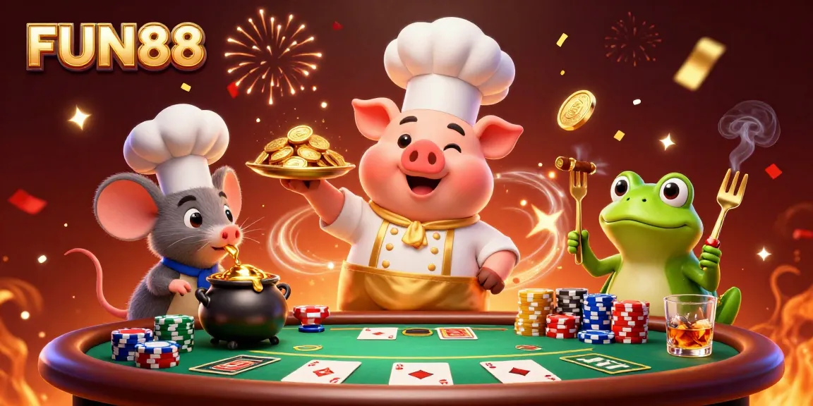 Join FUN88's vibrant world of gaming with a cartoon chef serving gold coins amidst poker action.