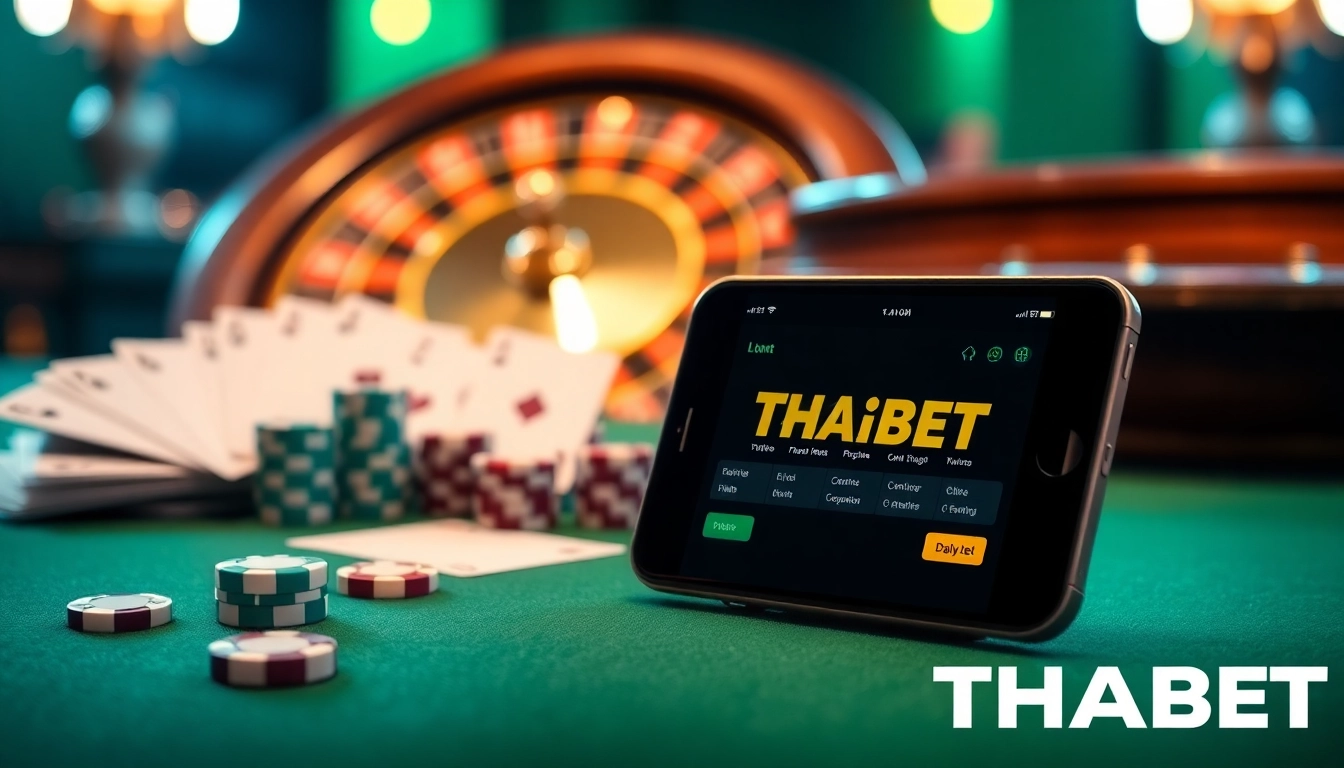 Experience thrills with the THABET app on a luxurious casino table surrounded by cards and chips.