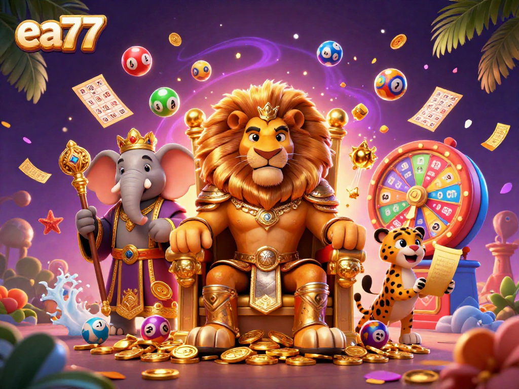 ea77 এর জন্য একটি ডাইনামিক 3D ডিজিটাল ইলাস্ট্রেশন, যেখানে থ্রোনে সিংহ রাজা থাকে।