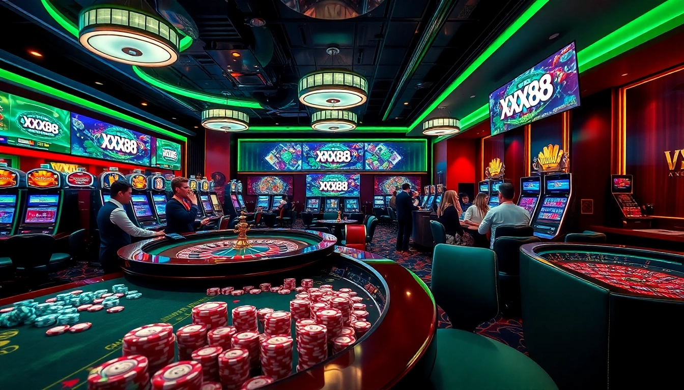 Players enjoying a thrilling game at XX88's luxurious casino, featuring roulette tables and vibrant slot machines.