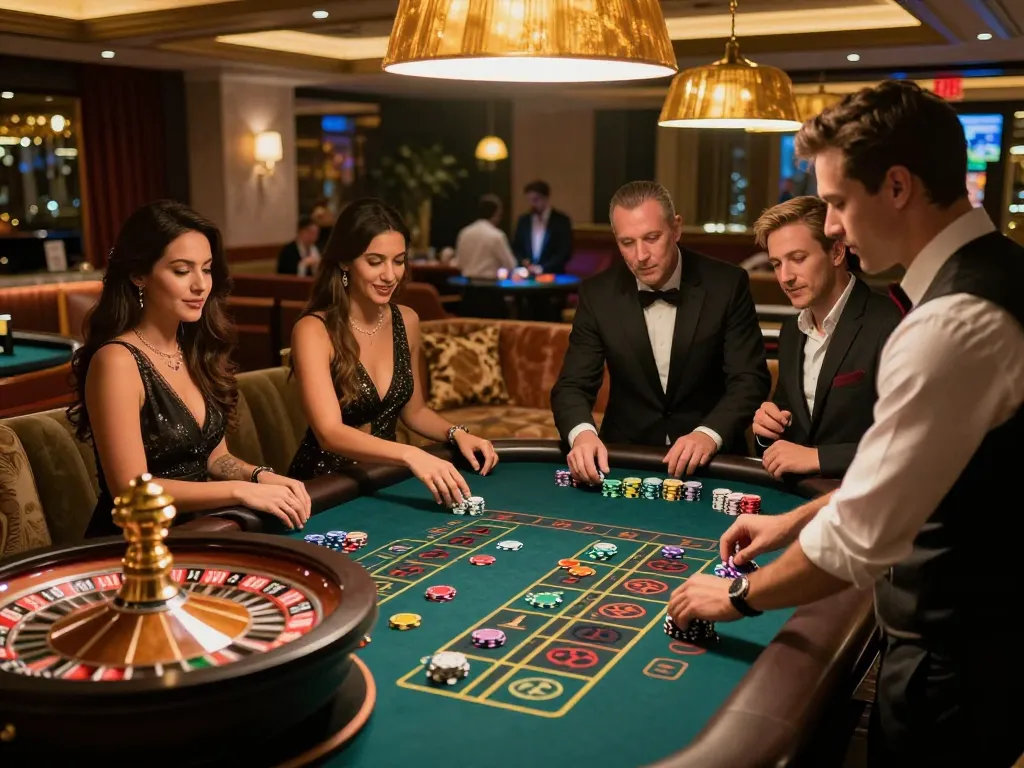 BCX88 players enjoying an exciting roulette game in a luxurious casino lounge, showcasing strategic betting actions.