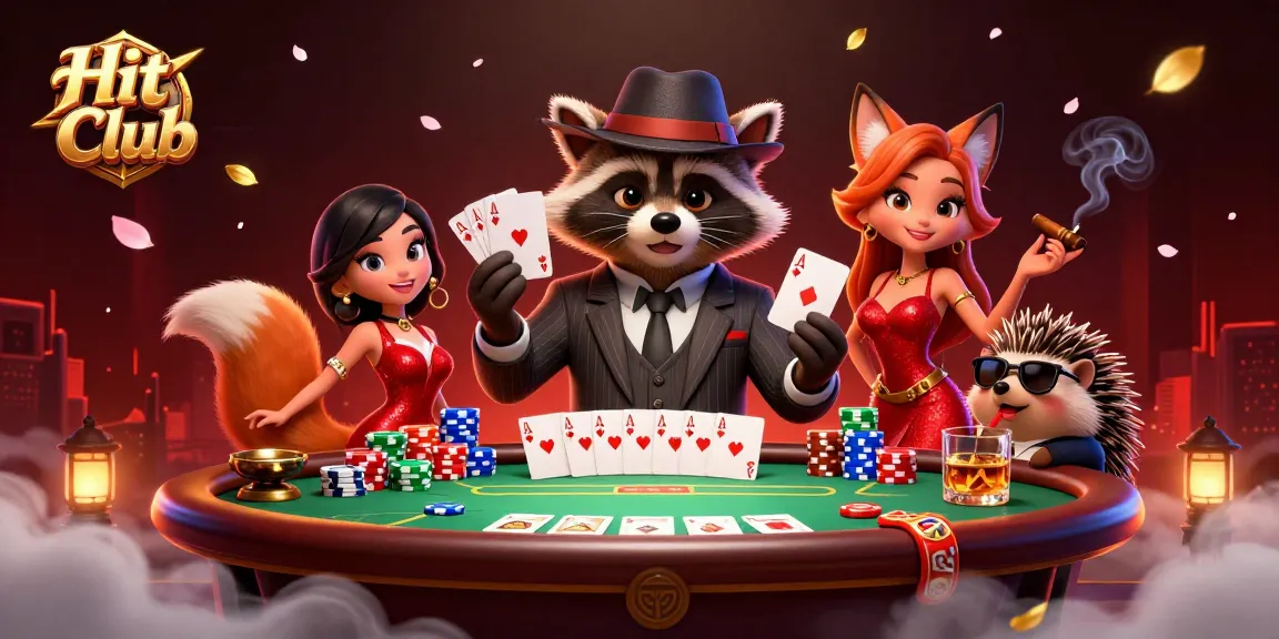 Engage with Hit Club's thrilling poker gameplay featuring a suave raccoon and a glamorous fox.