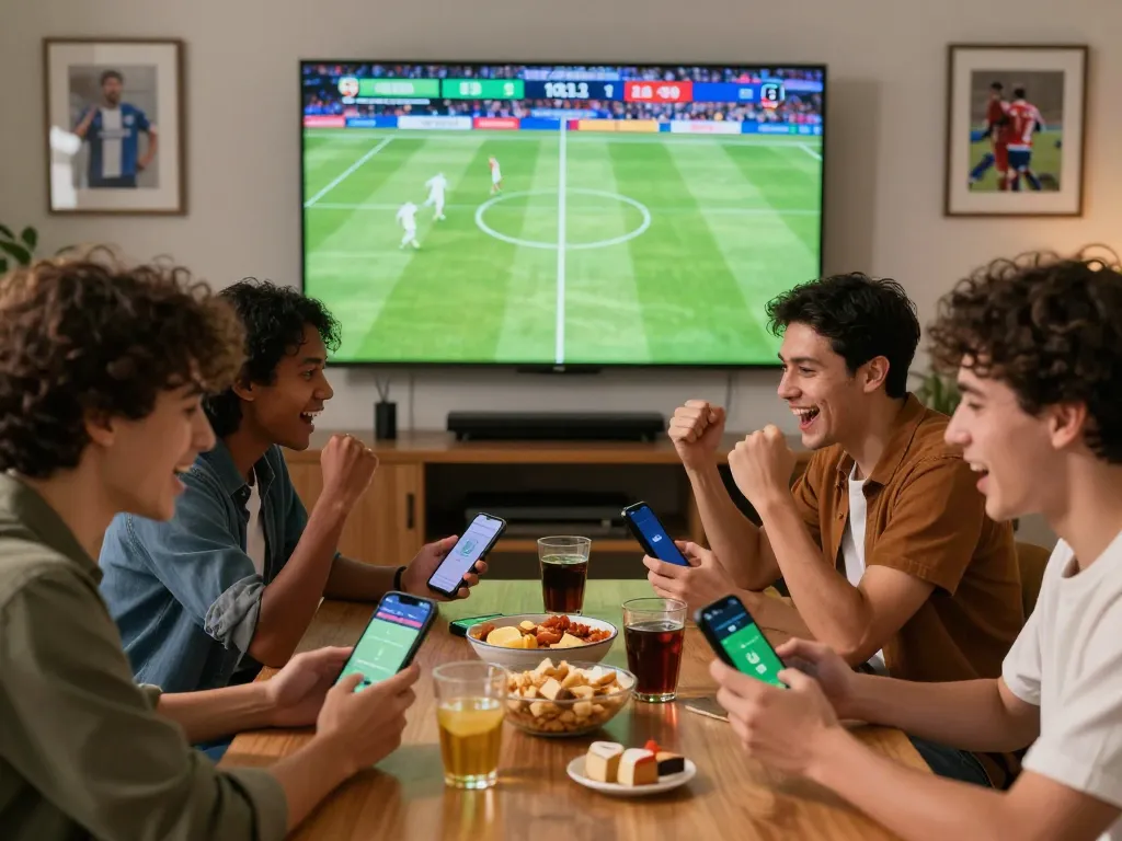 Excited friends engaging with zbet during a live sports event, showcasing sports betting enthusiasm.