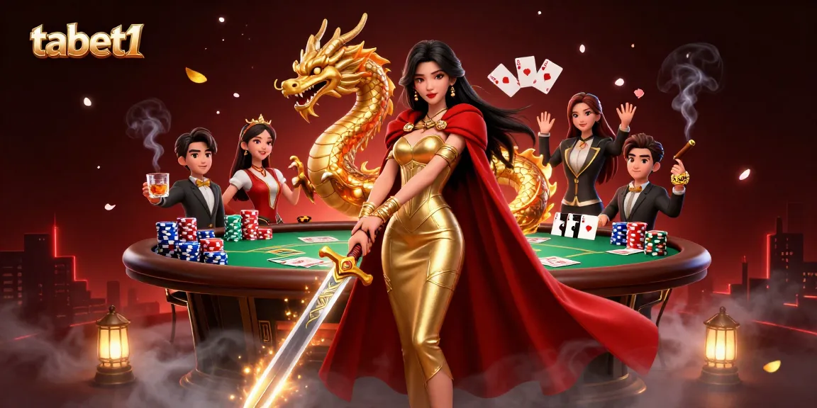 Play poker with tabet1's stunning queen and dragon in a vibrant, dynamic gaming scene.