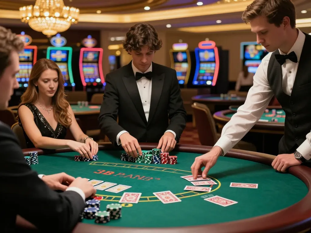 Players strategizing at a blackjack table while observing tỷ lệ nhà cái for optimal betting
