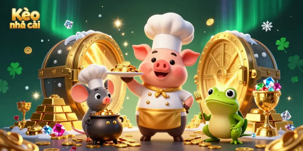 Engage with Kèo nhà cái as a cartoon chef pig serves gold coins, surrounded by treasure and magic.