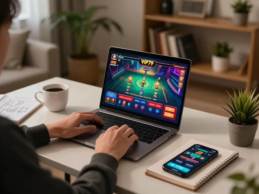 Engaging gameplay on VIP79 with a laptop, showcasing vibrant casino graphics and strategic betting notes