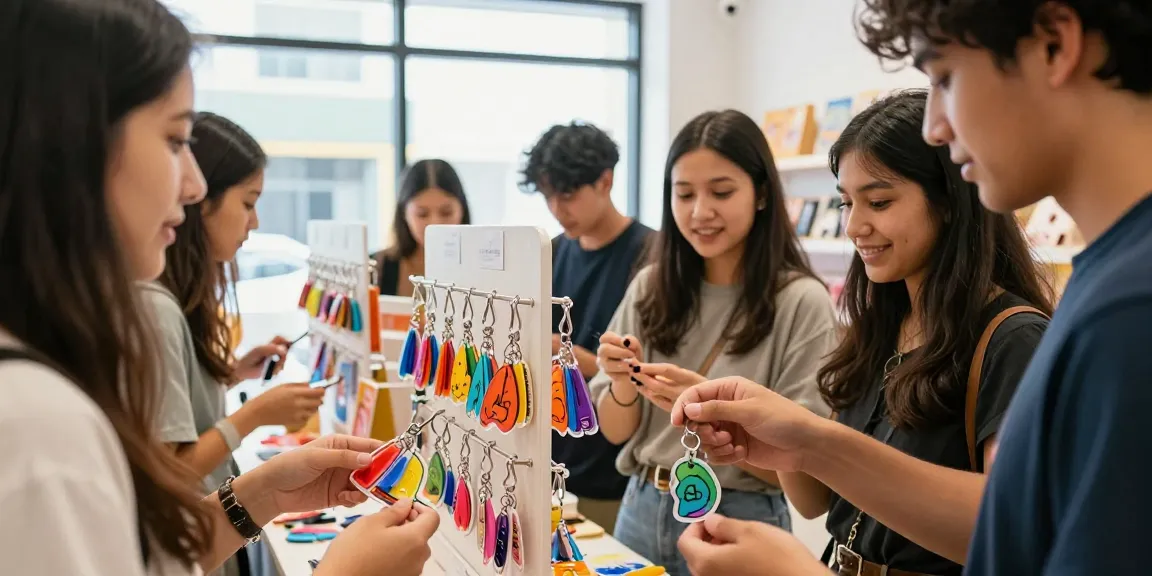 Acrylic keychain display with customers exploring vibrant designs in a retail store.