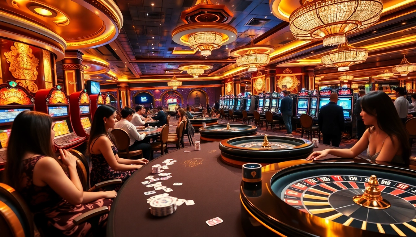 Players enjoying their favorite games at QQ88 COM's luxurious casino, featuring vibrant slot machines and poker tables.