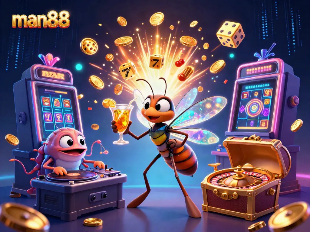 Experience thrilling gameplay at man88 with a lively casino mascot and dynamic symbols bursting with excitement.