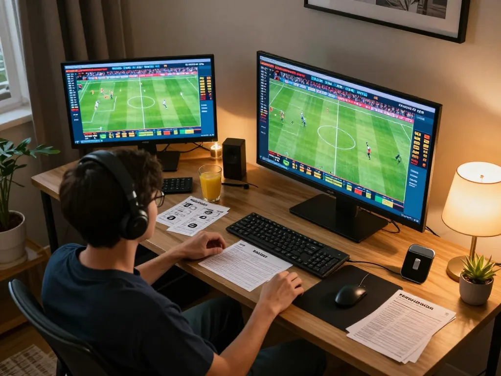 Kèo bóng đá betting setup featuring a modern home workspace with multiple screens showing live odds.