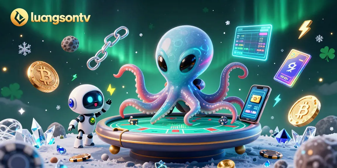 Experience thrilling gaming with luongsontv as an alien octopus runs a holographic poker table amidst glowing crypto elements.