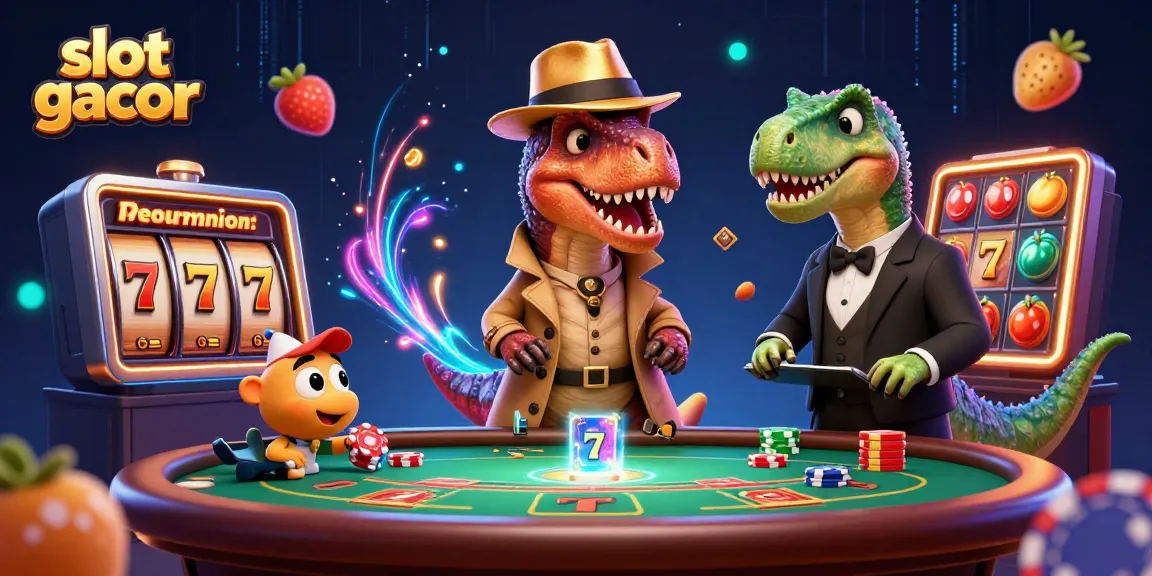 Experience excitement in the slot gacor world with our unique illustration of playful dino characters at a casino.