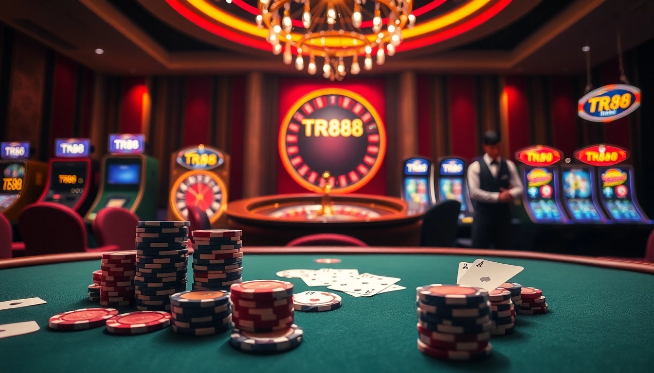 High-stakes gambling scene with TR88-themed poker chips and roulette wheel action.
