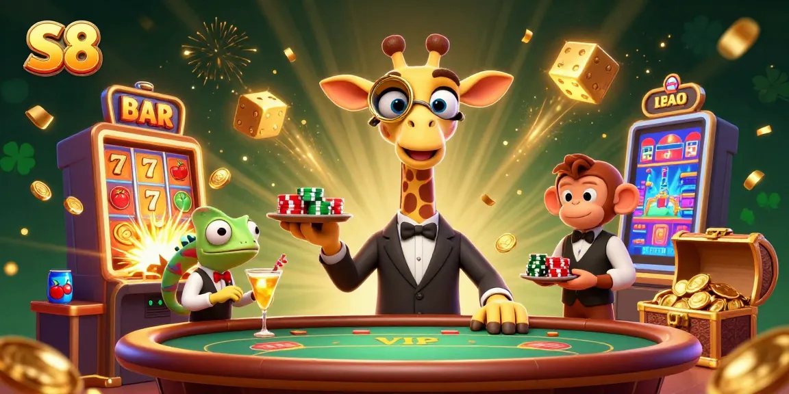 S8 players enjoy a vibrant casino scene with a high-roller giraffe at the poker table and slot machines bursting coins.