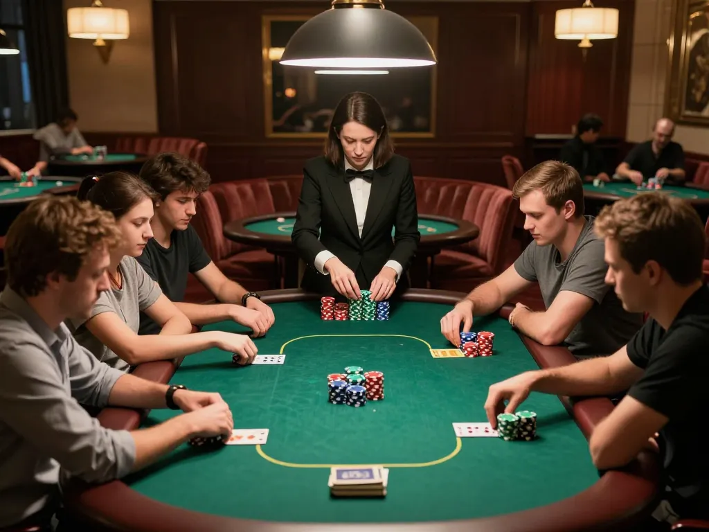 Players strategizing in a high-stakes poker game at 789bet's luxurious table, showcasing competitive gameplay atmosphere.