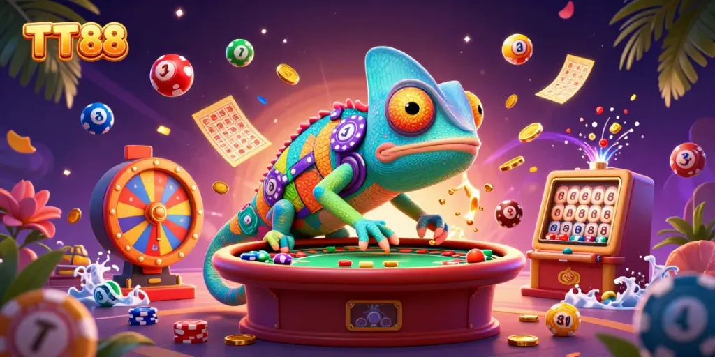 Experience dynamic gambling action at TT88 with a colorful casino scene depicting loads of game elements and fun.