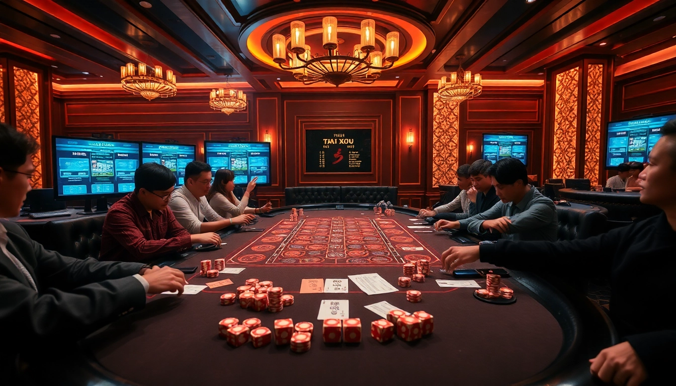 Tài Xỉu gameplay in an upscale casino setting with players experiencing the thrill of dice betting.
