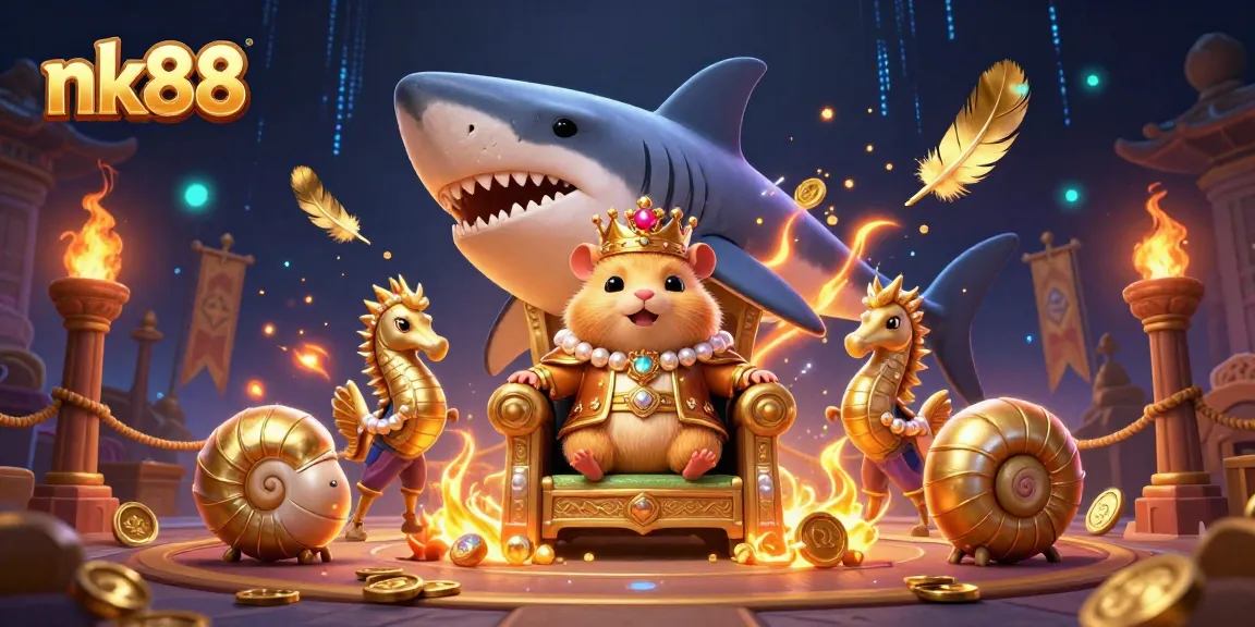 nk88 showcases an epic casino battle scene with a hamster king on his megalodon throne, surrounded by luxury elements.