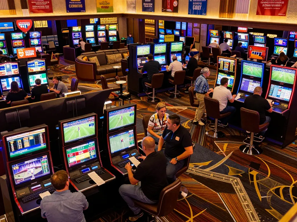 TOPBET sportsbook scene with bettors analyzing odds and placing bets in an upscale casino atmosphere