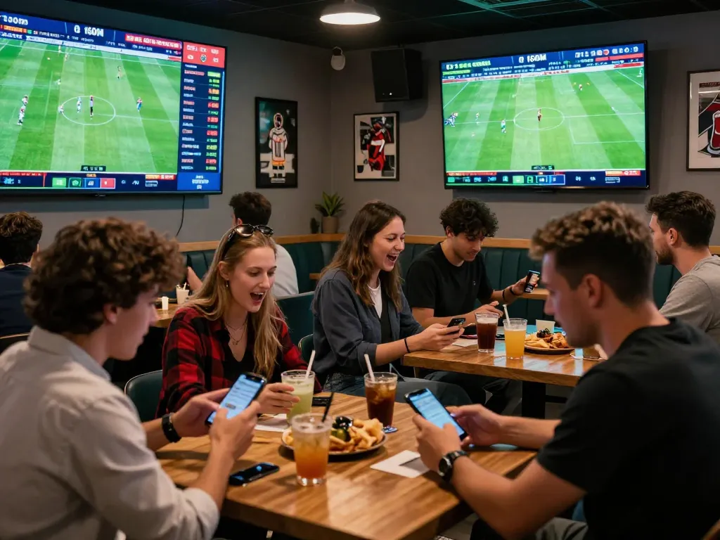 Fans at a lively betting lounge viewing 1GOM sports odds in real-time.