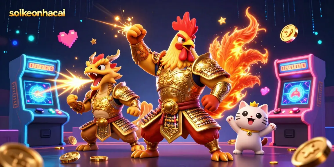 Bet on soikeonhacai's vibrant gaming scene featuring a warrior rooster and dragon amidst casino-inspired elements.