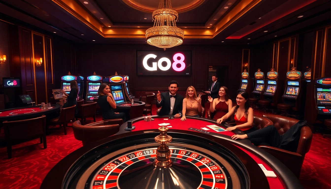 Go8 players celebrating a big win at a luxurious casino poker table.