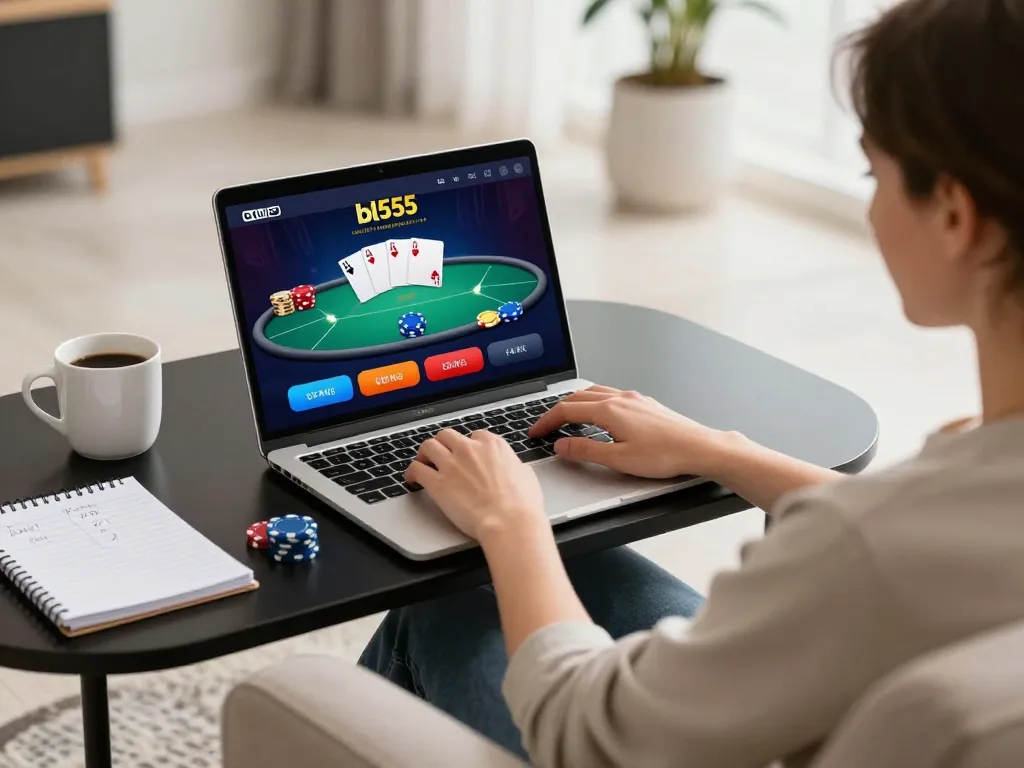 Player engaging in strategic poker gameplay on bl555's casino app in a cozy home setting.