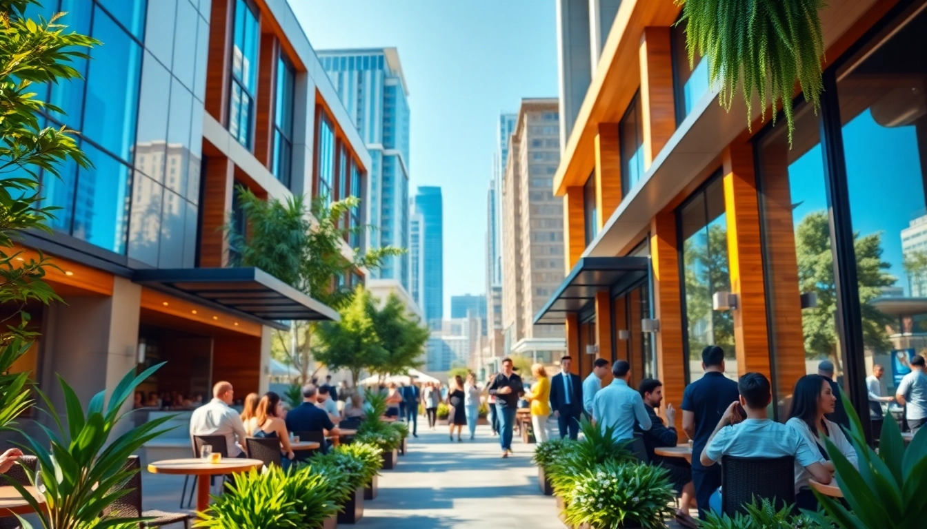 Modern establishment bustling with life, showcasing vibrant outdoor seating and sleek architecture.