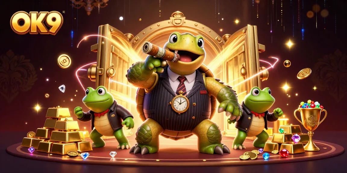 Engage with thrilling casino action at OK9, featuring an extravagant turtle mobster surrounded by wealth.