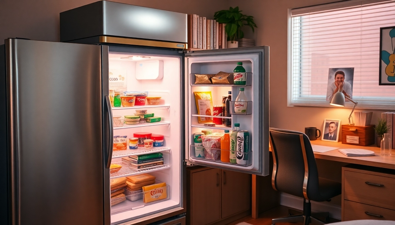Compact dorm room fridge organized with snacks in a cozy college environment.