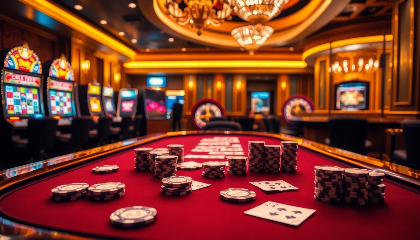 Experience the thrill of gambling at https://debet13.com/ with an elegant poker scene featuring vibrant chips and cards.