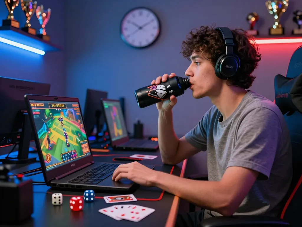 Gamer engaged with sun win online betting game, surrounded by gaming accessories.