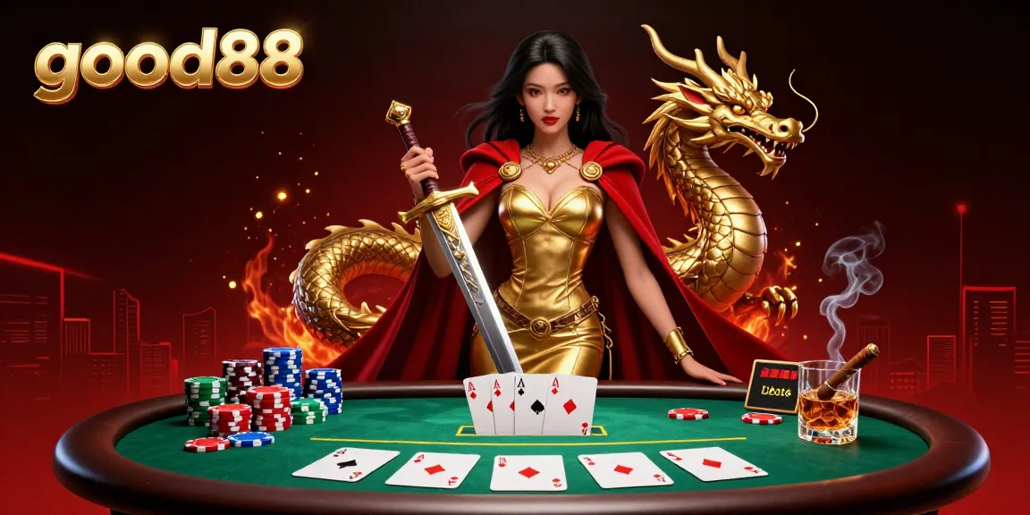 Experience the thrill of good88 online gaming with a warrior queen and a golden dragon in a vibrant casino setting.