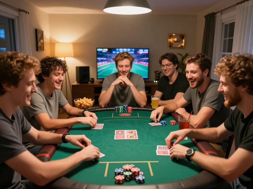 Friends enjoy a lively poker game at home, showcasing GG88 gameplay strategies in a fun atmosphere.