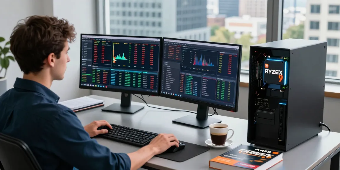 TradoxVPS trading workspace with Ryzen 9 9950X CPU, dual monitors, and financial data analytics.