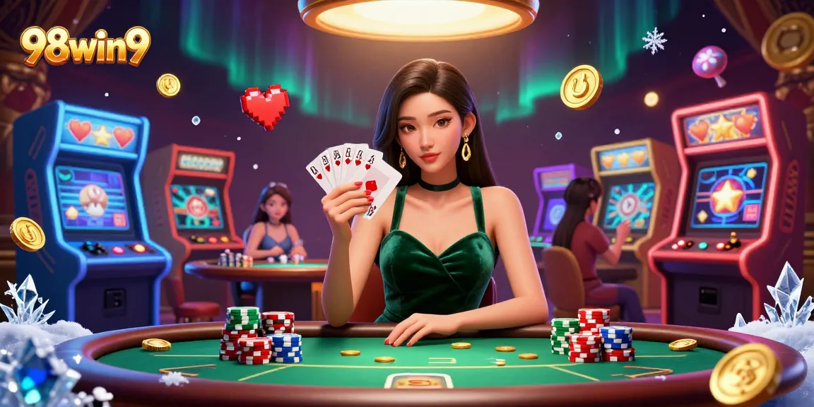 Experience the thrill of the 98win9 casino with a focused player at the poker table surrounded by vibrant gaming elements.