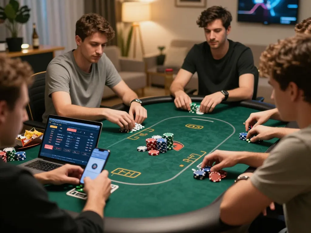 Players engaging in Dominobet IDN Poker online, showcasing a strategic betting moment in a cozy home setting.