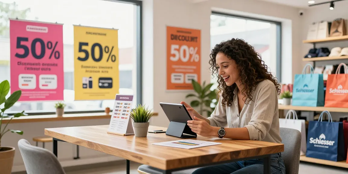 Customer exploring discount code website in Netherlands, engaged with tablet in vibrant retail space.