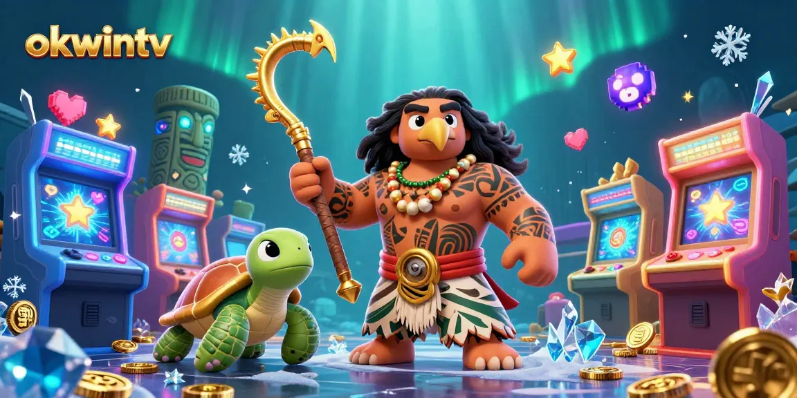 Engage with OKWINTV's vibrant gambling scene featuring a demigod and dynamic casino elements.