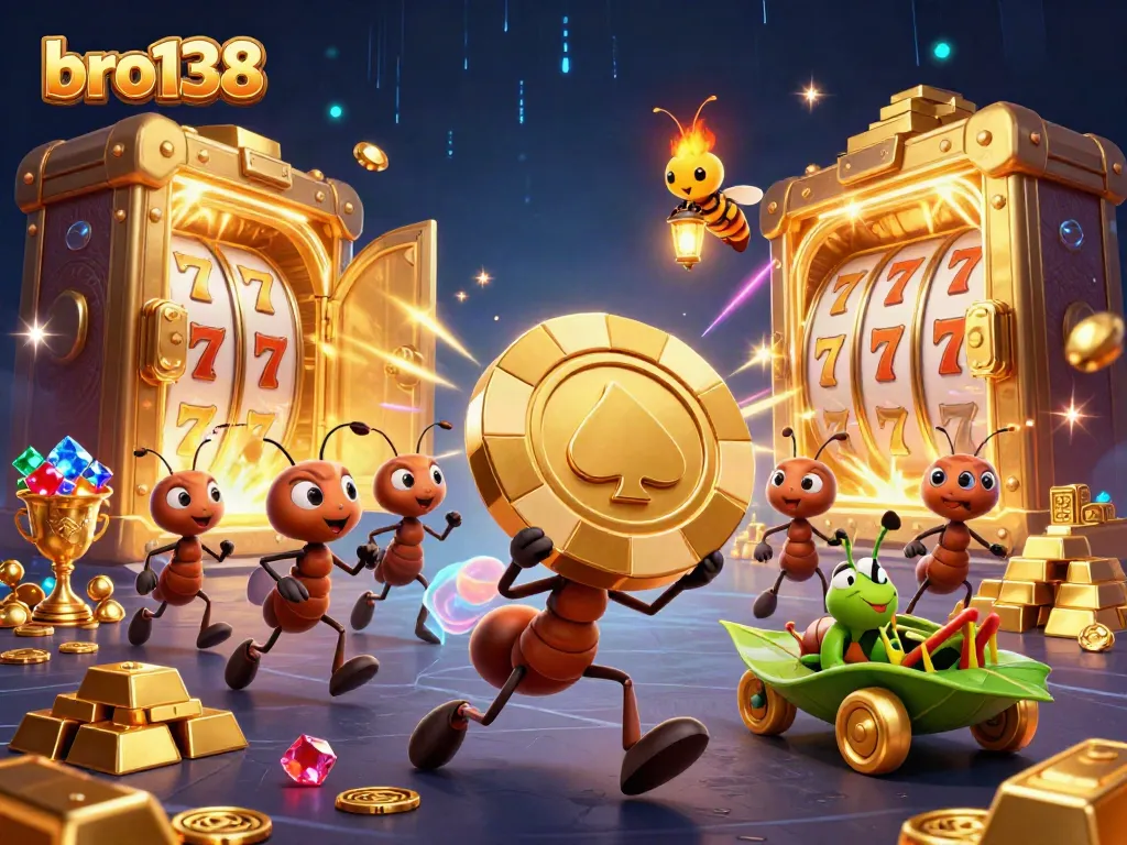 Bro138 slots and heist scene with cartoon ants, a firefly, and a grasshopper driver.