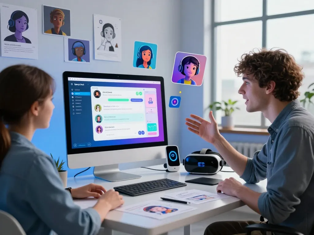 Interactive SpicyChat AI conversation in a dynamic digital workspace with engaging avatars and gadgets.